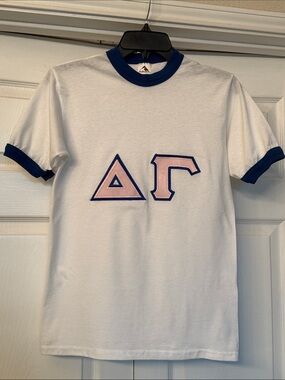 Augusta Sportswear White Ringer Tee with Navy Trim and Pink Greek Letters